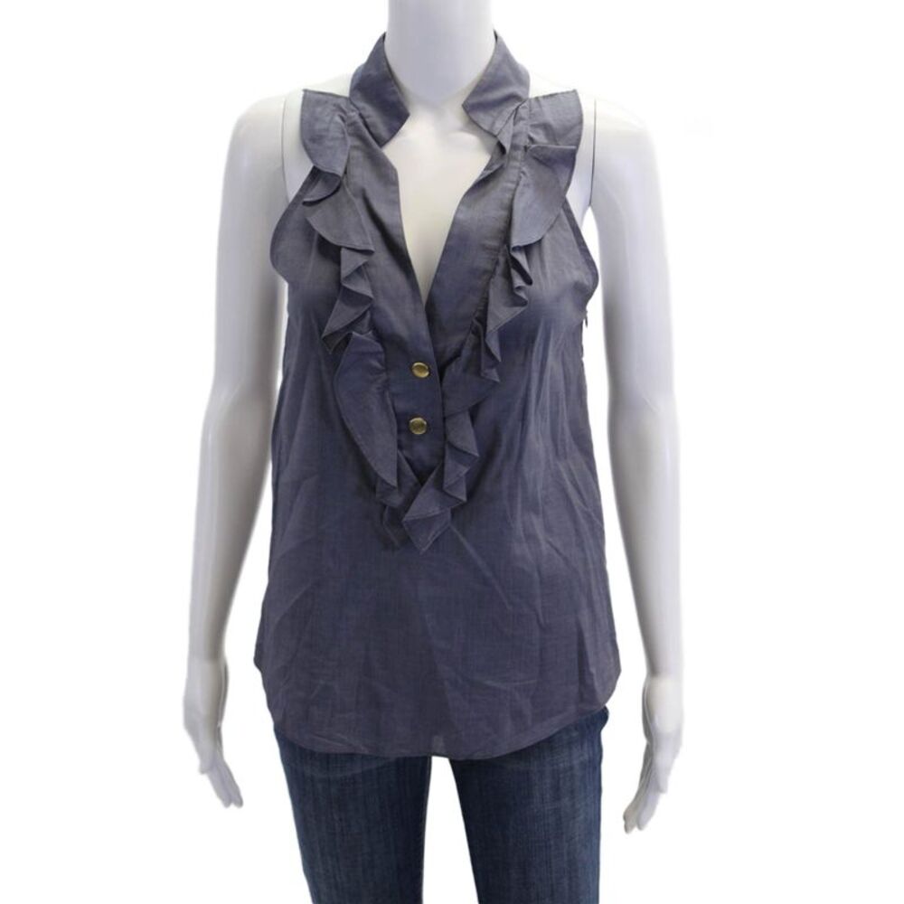 Sunner Womens Sleeveless Ruffled V Neck Blouse Blue Cotton Size 2